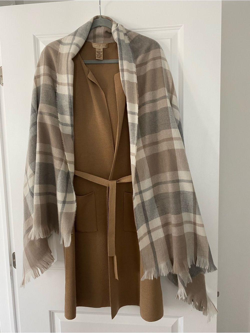Plaid Fringe Shawl in Beige & Gray over Camel Wrap sweater coat size L both 20.0